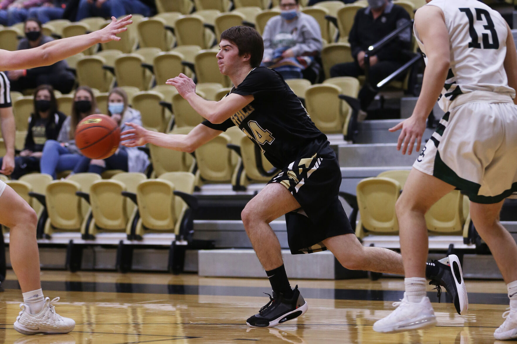 Colby Bessler launches out a bounce pass